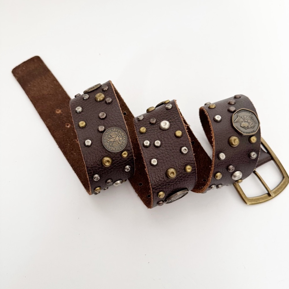 Genuine Leather Studded Coin Belt Brown LARGE